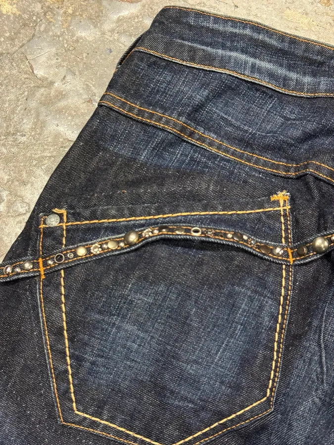 2000s Marithé + François Girbaud Stars Straps Army Blue Denim Jeans - Image 7