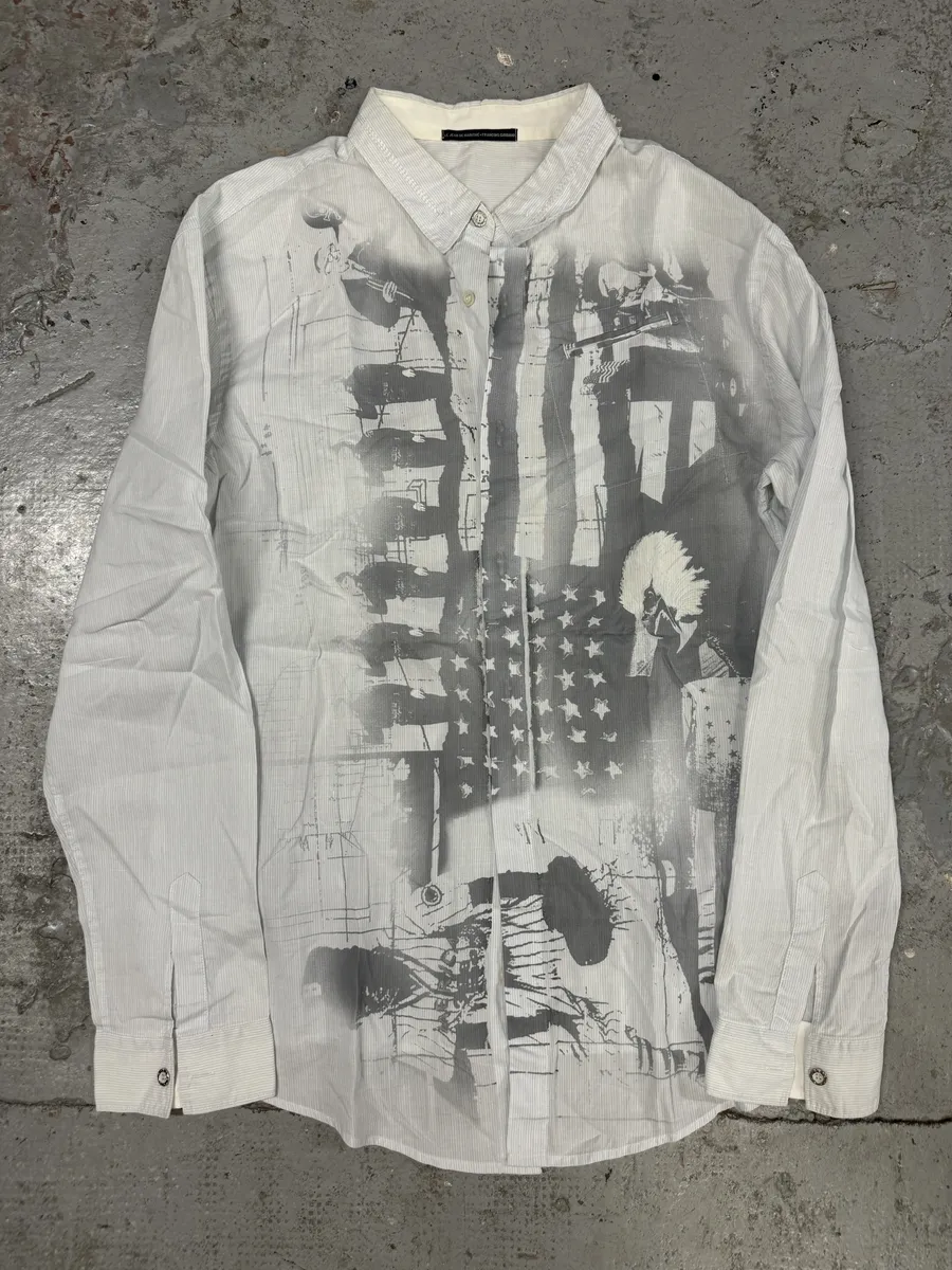 2000s Marithé + François Girbaud USA Flag Baby Blue Shirt - Image 5