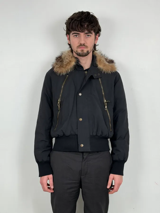 2000s Massimo Rebecchi  Fur Front Zips Navy Bomber Jacket