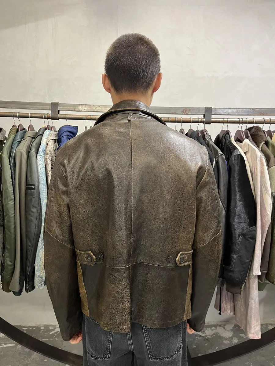 2000s Massimo Rebecchi Raw Aged Brown Leather Jacket - Image 3