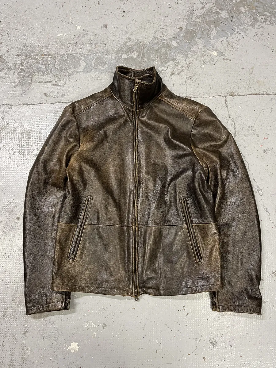 2000s Massimo Rebecchi Raw Aged Brown Leather Jacket - Image 5