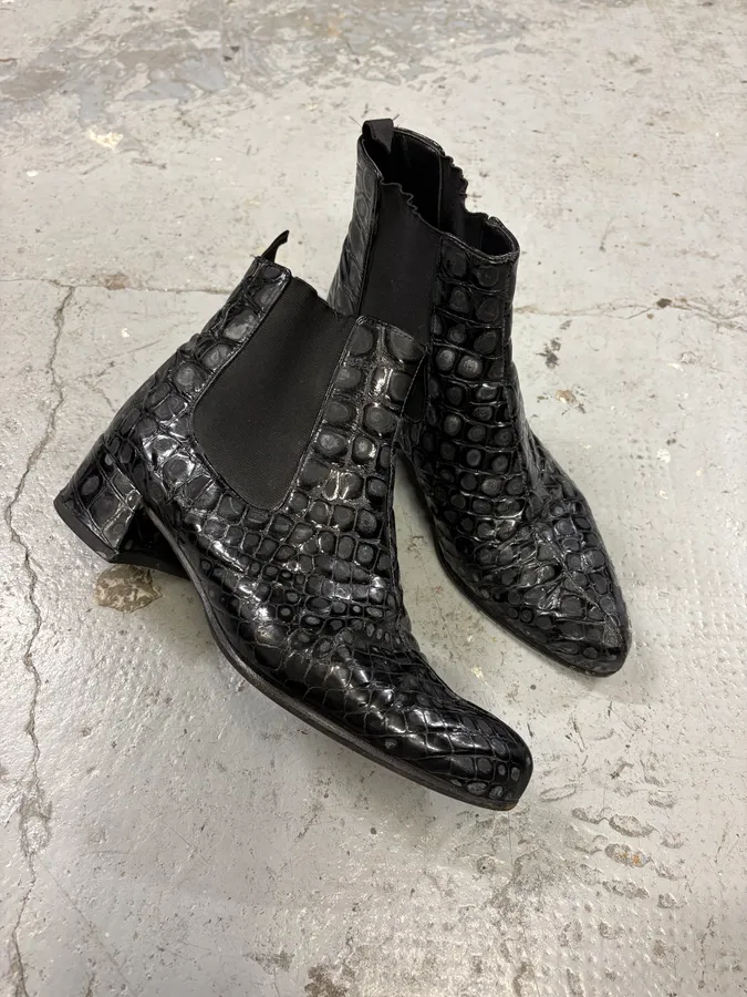 2000s Miu Miu Black Crocodile Embossed Leather Ankle Boots - Image 5