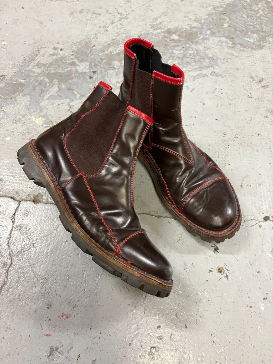 2000s MiuMiu Brown Red Seams Ankle Leather Boots - Image 2