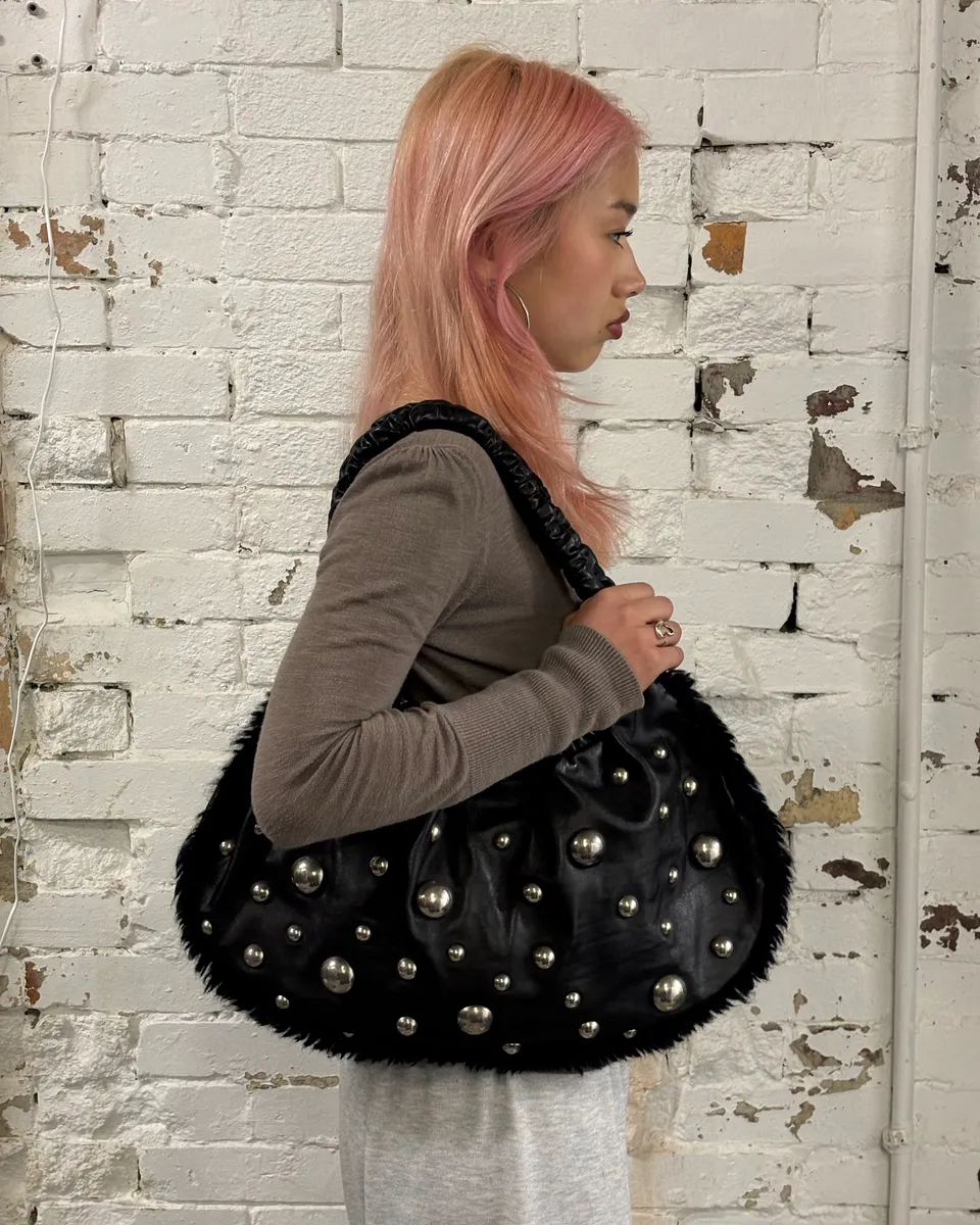 2000s Moschino Black Leather Studded Shoulder Bag - Image 2