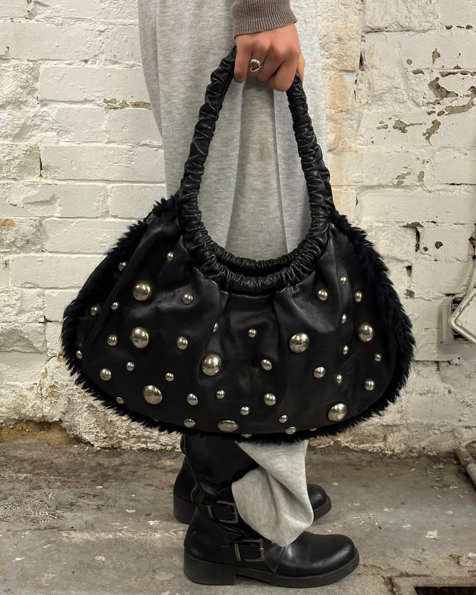 2000s Moschino Black Leather Studded Shoulder Bag - Image 3
