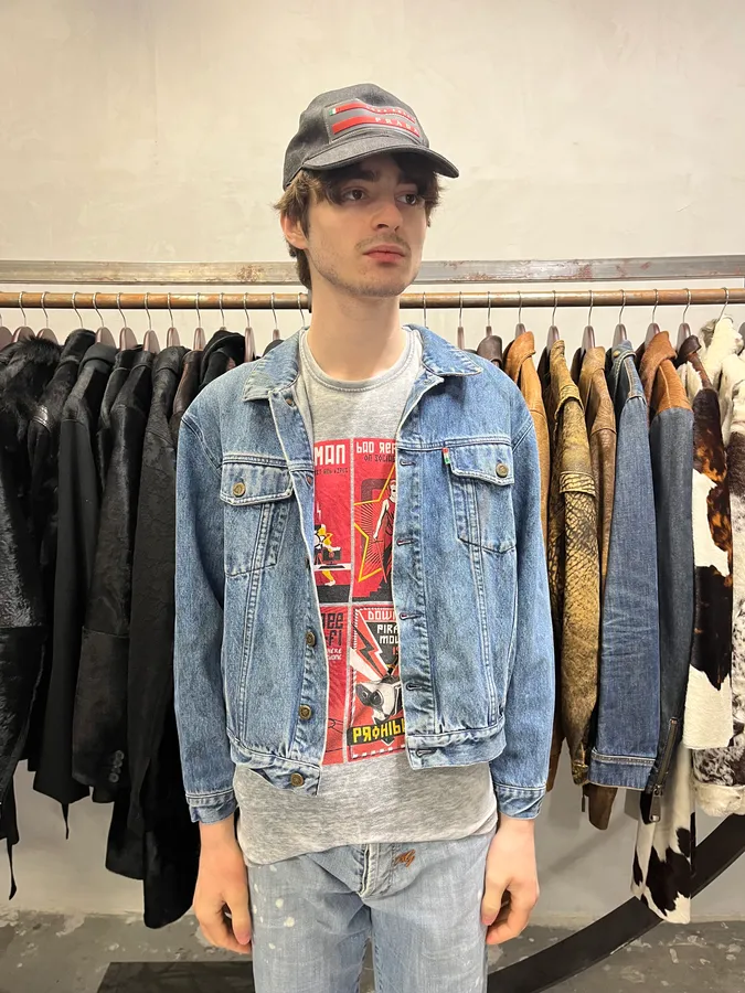 2000s Moschino Blue Painted Effect Rebel Denim Jacket - Image 2