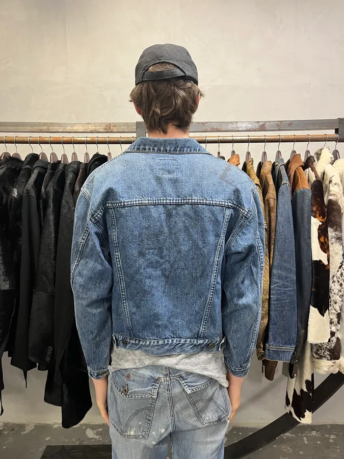 2000s Moschino Blue Painted Effect Rebel Denim Jacket - Image 3