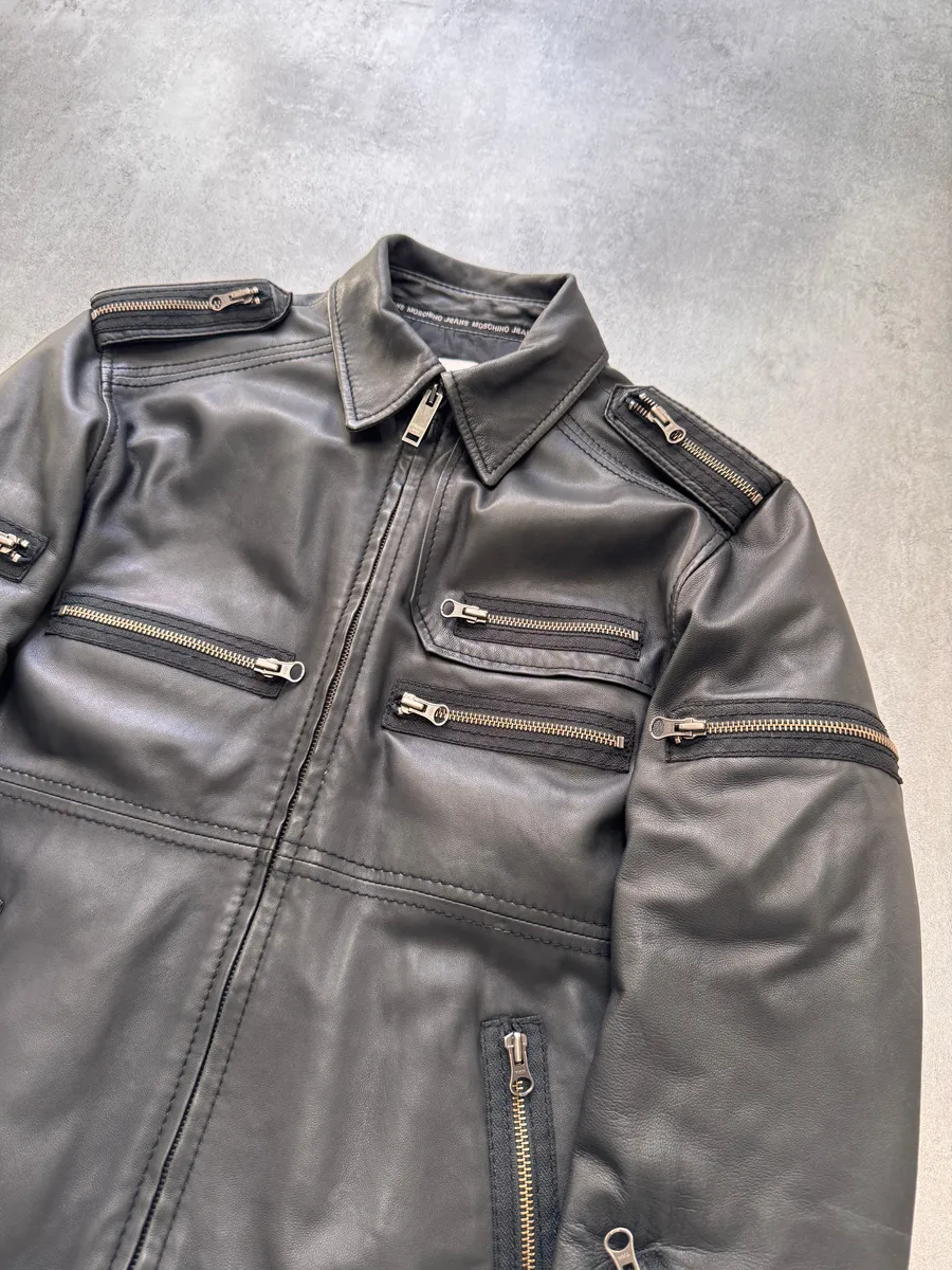 2000s Moschino Circular Zip Elevation Leather Jacket - Image 4