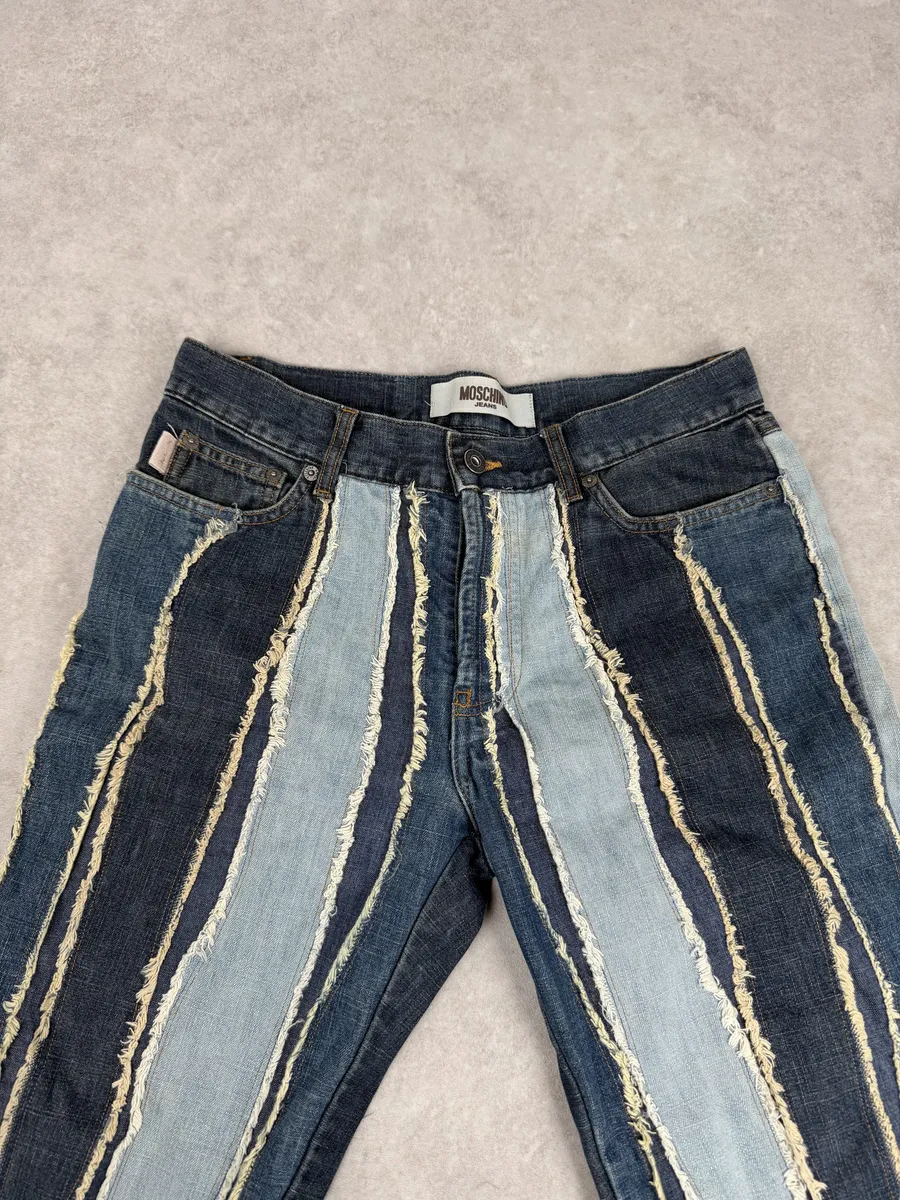 2000s Moschino Denim Lines Blue Destroyed Jeans - Image 7
