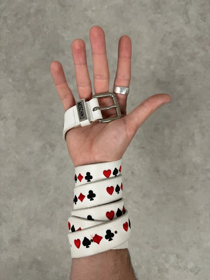 2000s Moschino Gambling White Leather Belt