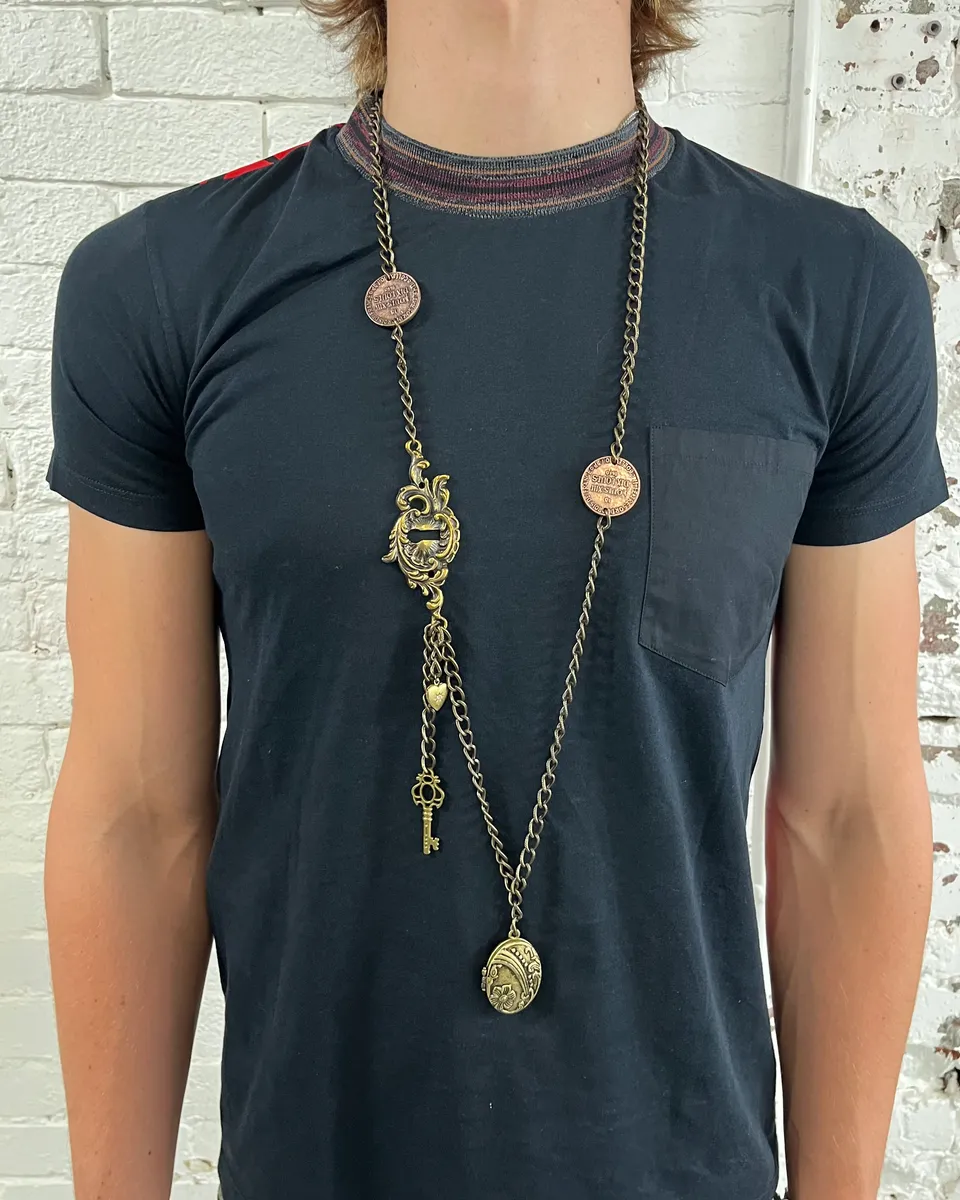 2000s Moschino Gold Metal Lock Charm Chain Necklace