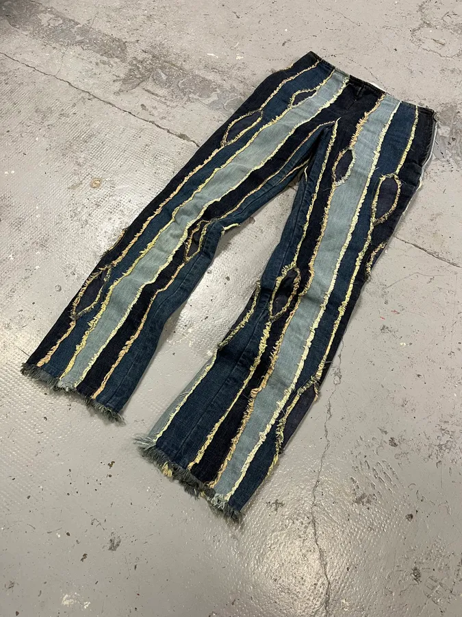 2000s Moschino Patchwork Lines Blue Denim Jeans - Image 5