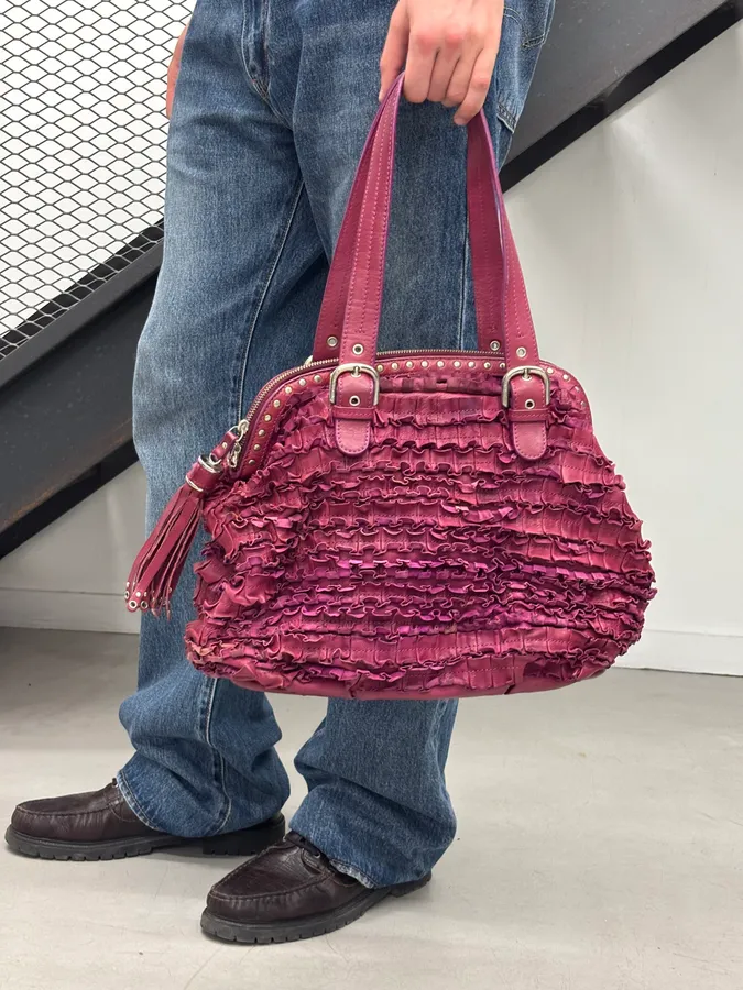 2000s Moschino Pink Fabric Ruffle Shoulder Bag - Image 2