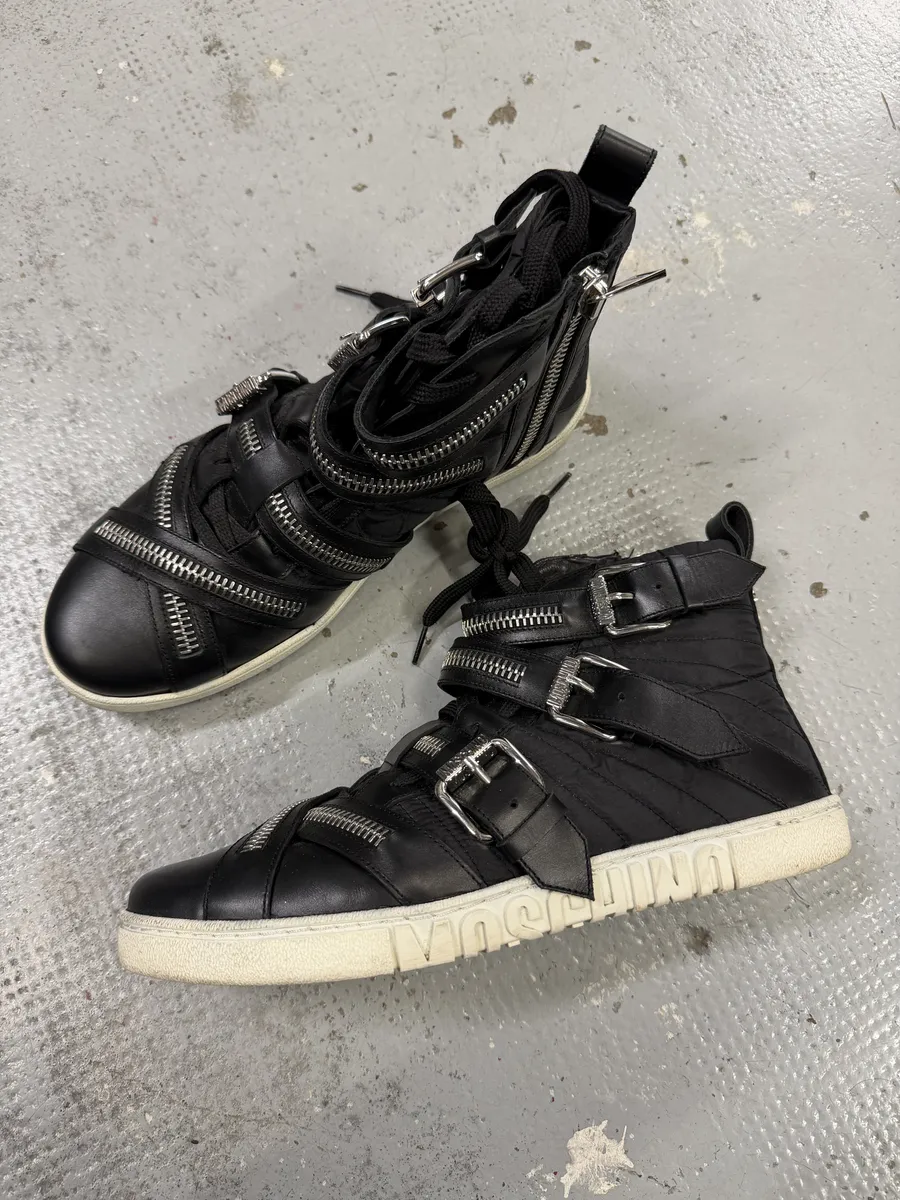 2000s Moschino Straps Zip Leather High Top Sneakers - Image 4