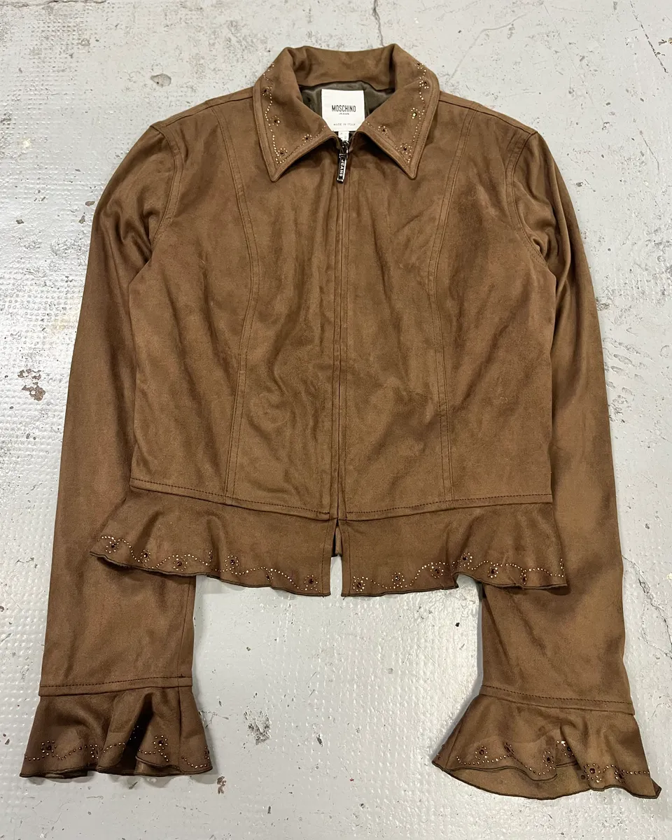 2000s Moschino Studded Ruffle Brown Suede Jacket - Image 4