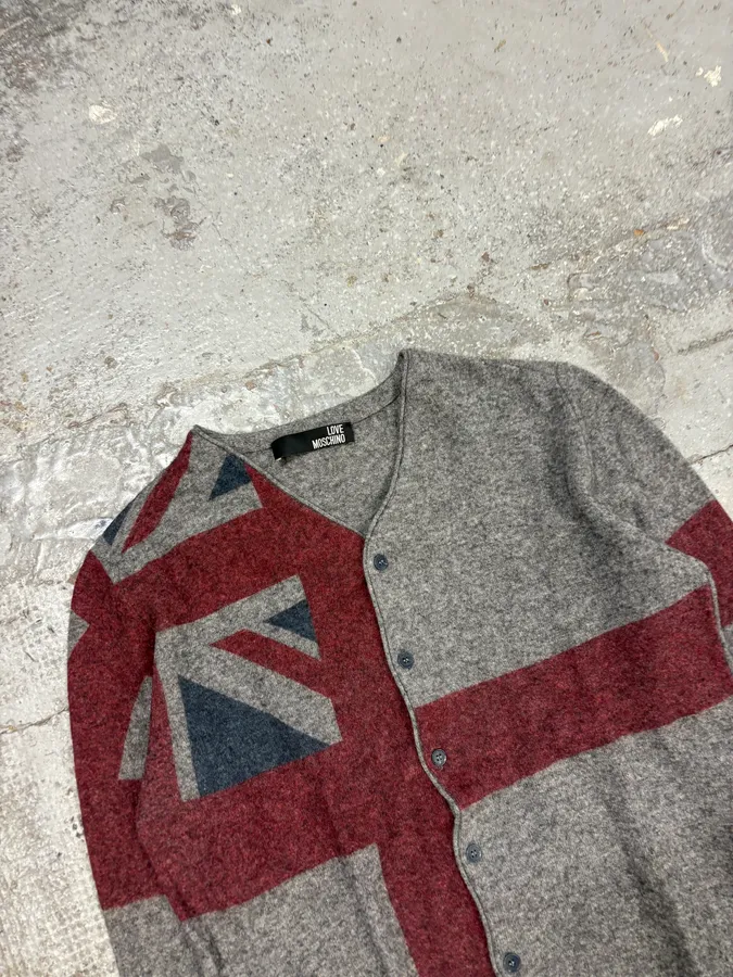 2000s Moschino UK Flag Grey Wool Cardigan - Image 5