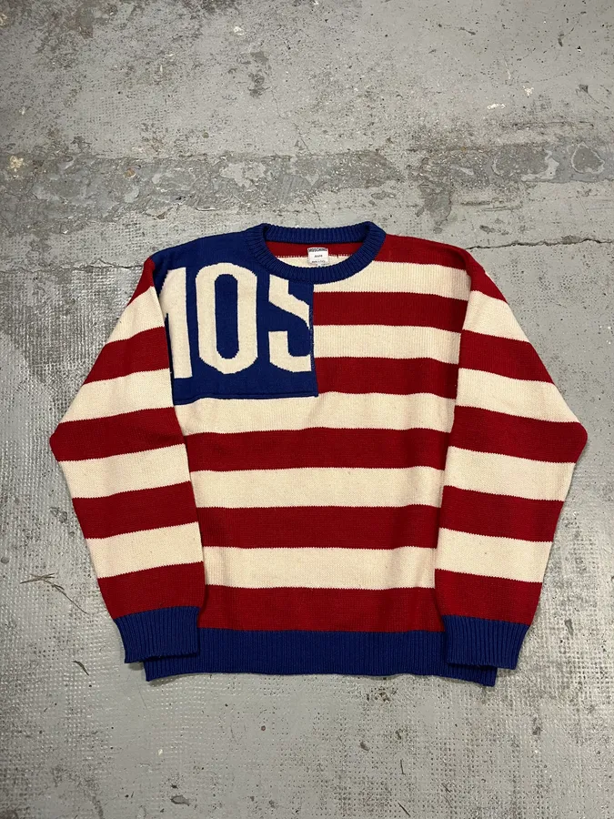 2000s Moschino USA Flag Bootleg Red White Blue Wool Sweater