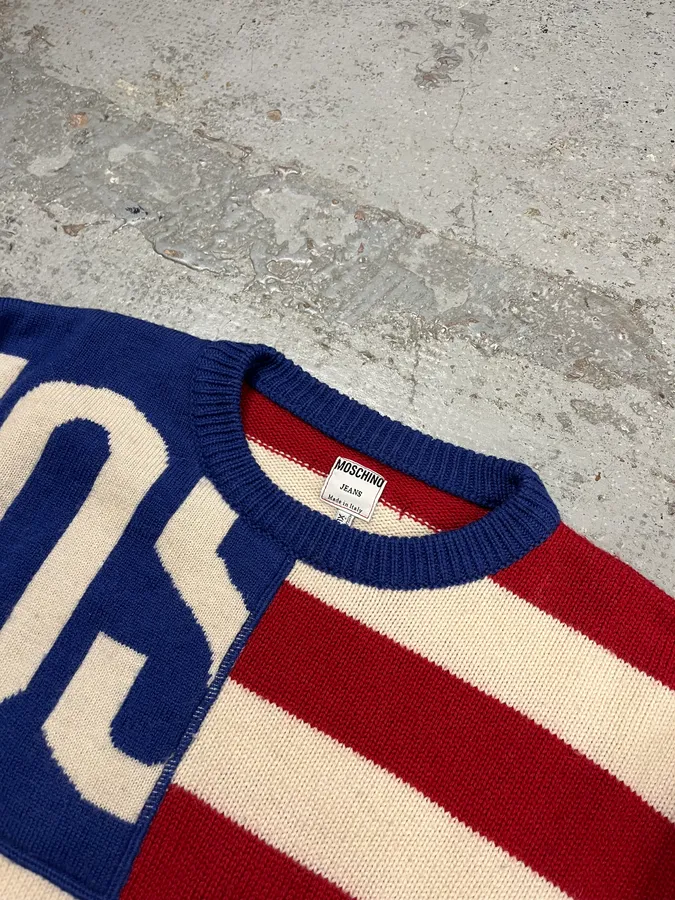 2000s Moschino USA Flag Bootleg Red White Blue Wool Sweater - Image 5