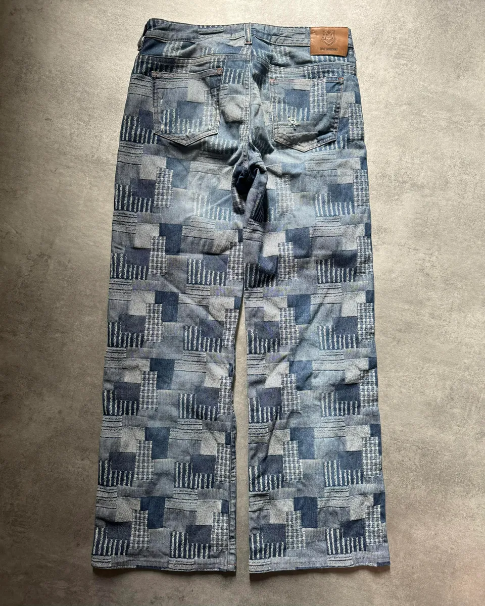 2000s Moschino Visual Patchwork Blue Straight Relaxed Pants - Image 5