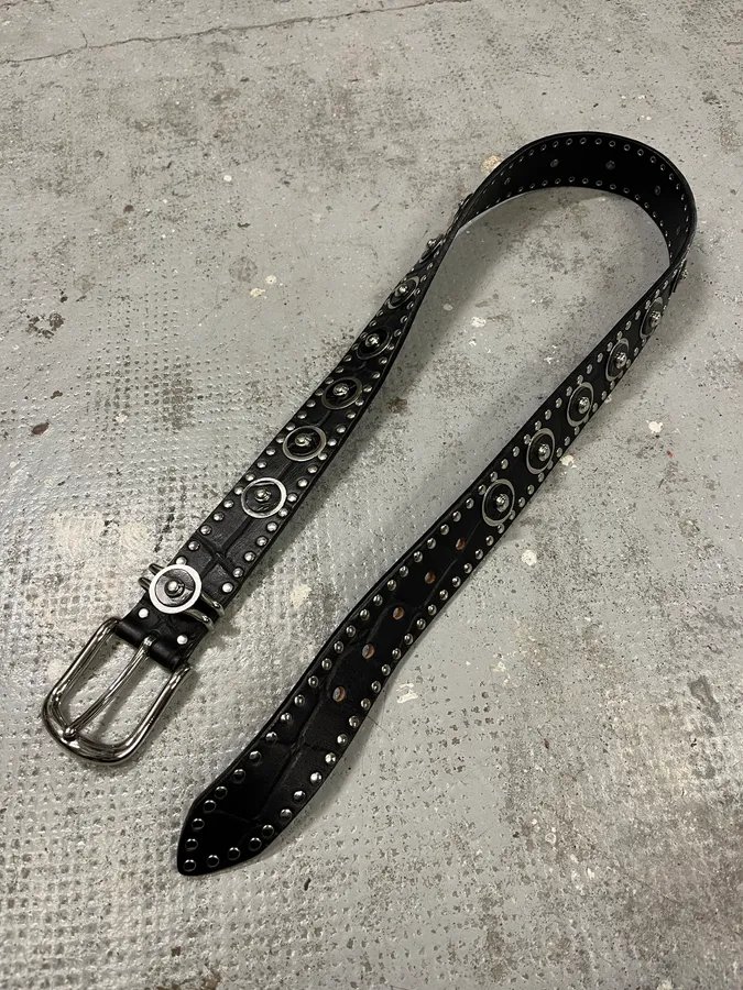 2000s Nanni Black Crocodile Effect Leather Studded Belt - Image 4