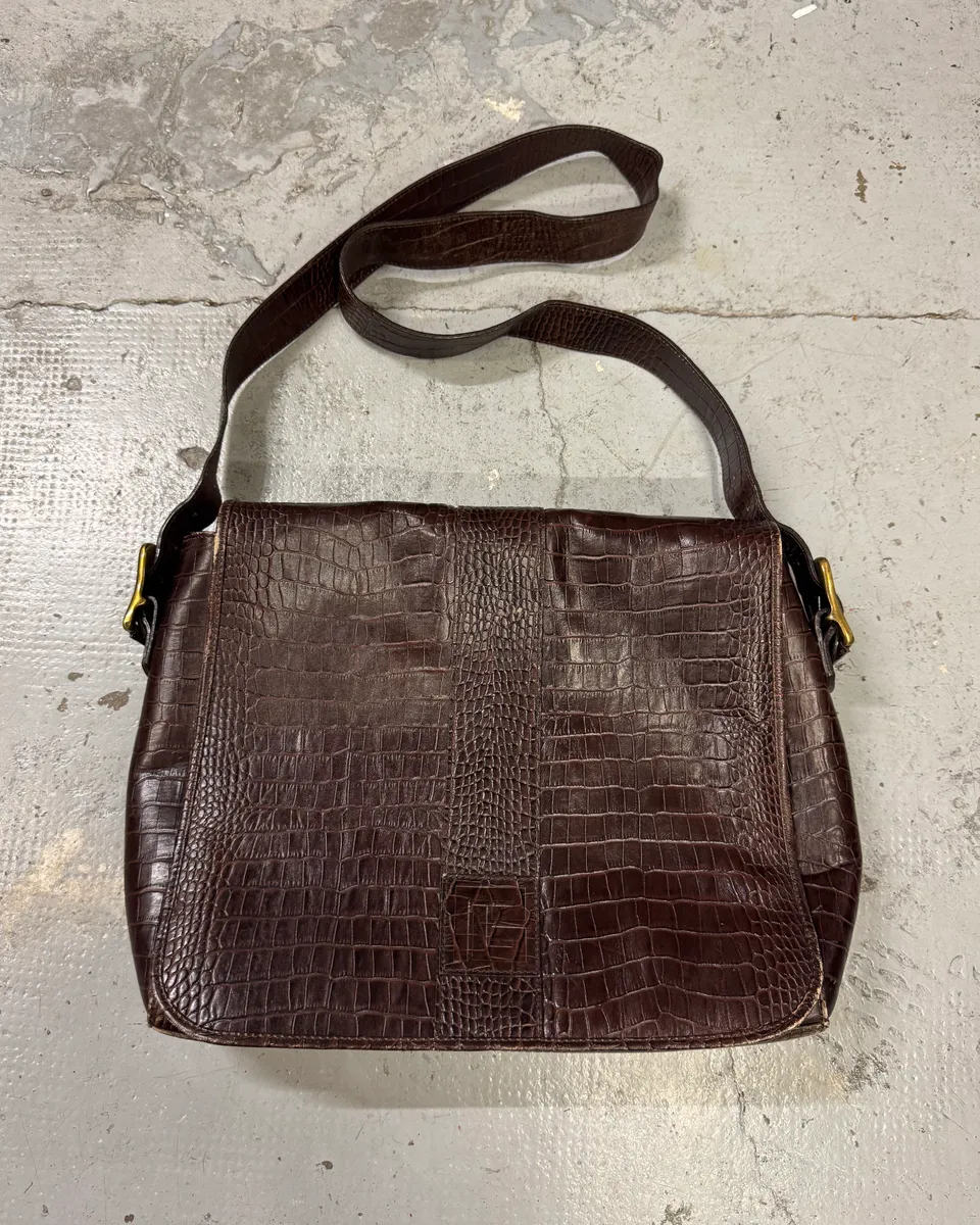 2000s Pierre Balmain Brown Crocodile Effect Leather Shoulder Bag
