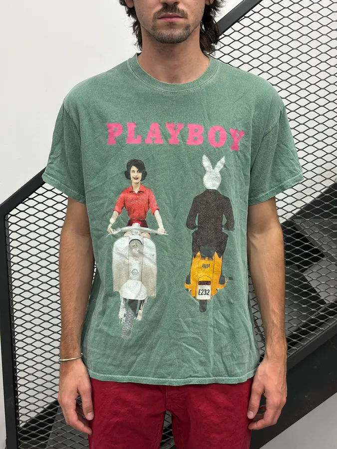 2000s Playboy Faded Green Scooter Logo Relaxed T-Shirt - Image 3