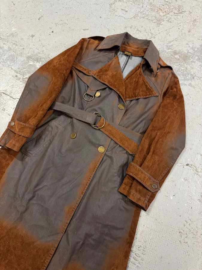 2000s Plein Sud Brown Eroded Waxed Effect Trench Jacket - Image 5