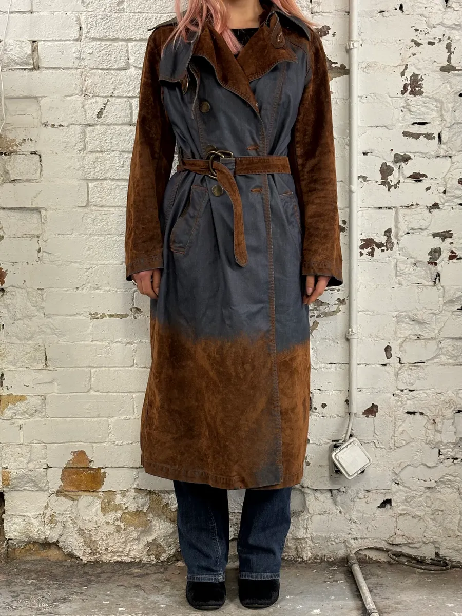 2000s Plein Sud Brown Suede Waxed Denim Two-Tone Trench Coat - Image 2