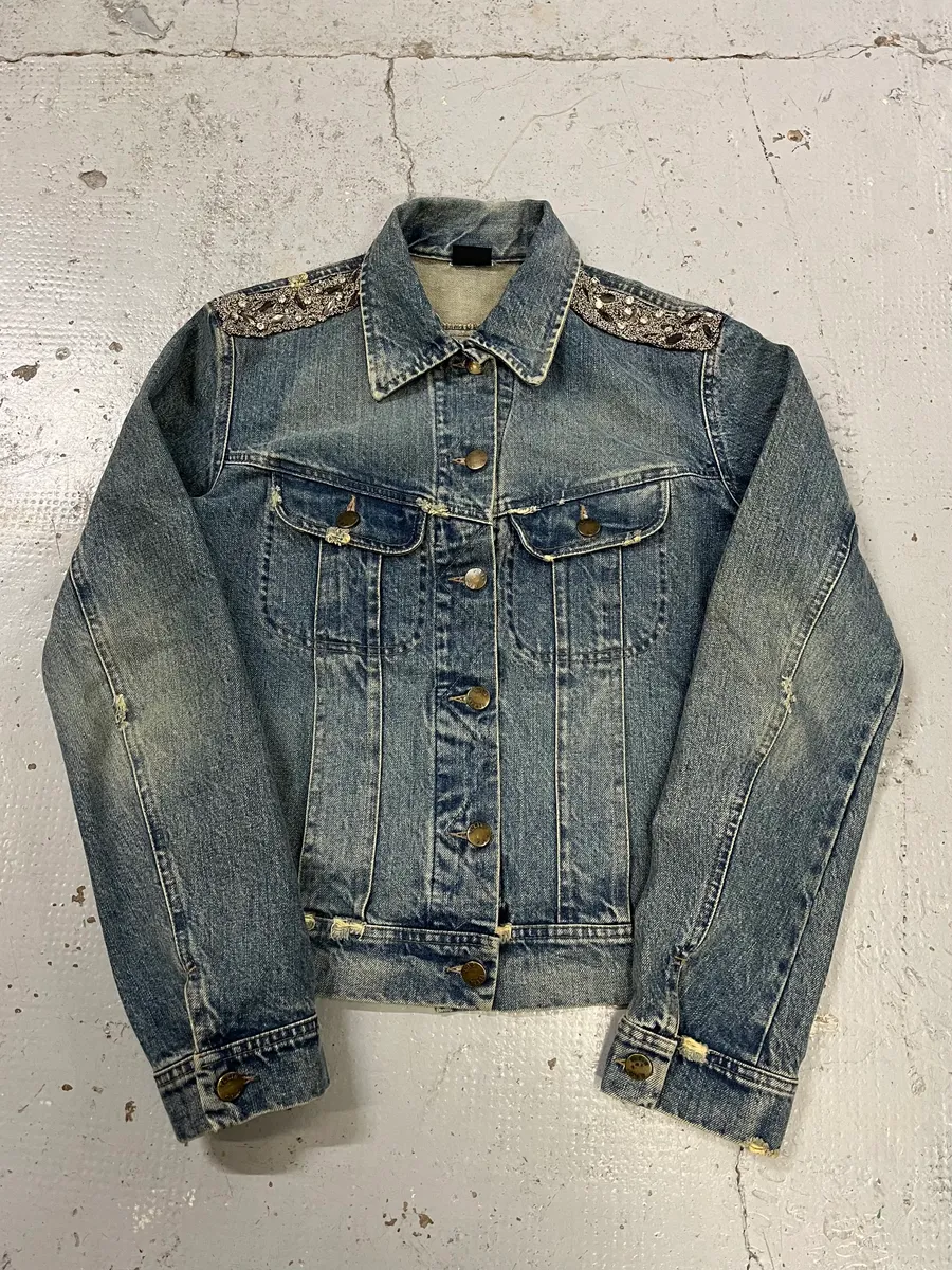 2000s Plein Sud Deadskull Embroidered Blue Denim Jacket - Image 2