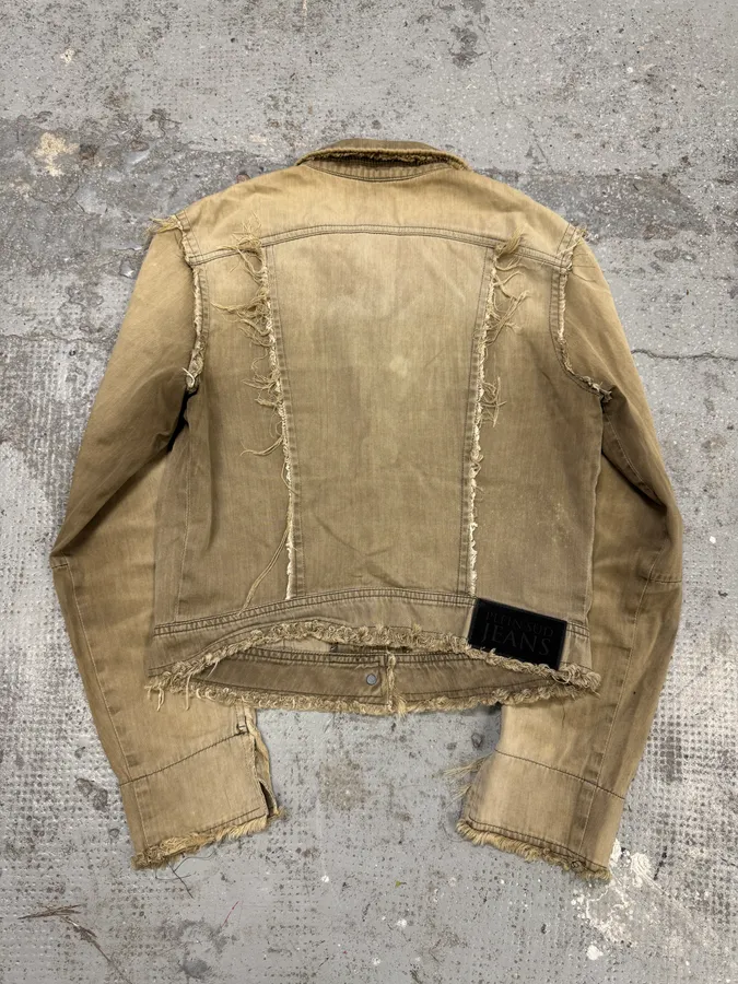 2000s Plein Sud Distressed Trucker Beige Cropped Jacket - Image 2