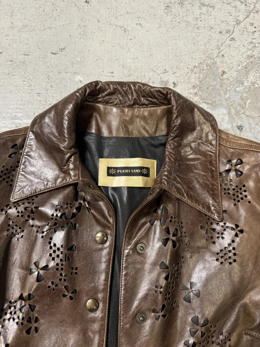 2000s Plein Sud Embellished Holes Brown Leather Trench Long Jacket - Image 10