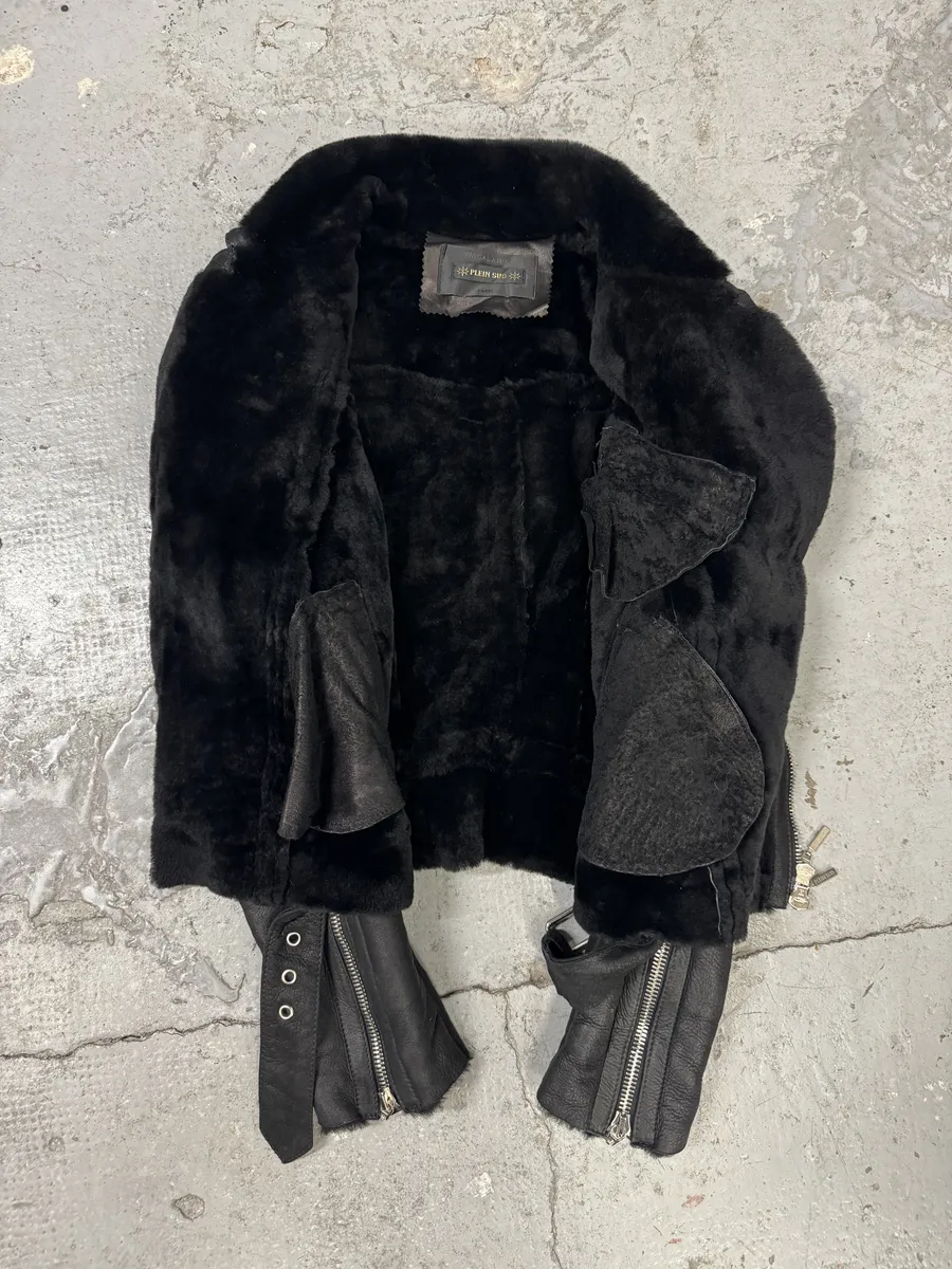 2000s Plein Sud Faycal Amor Black Shearling Leather Asymmetrical Jacket - Image 4