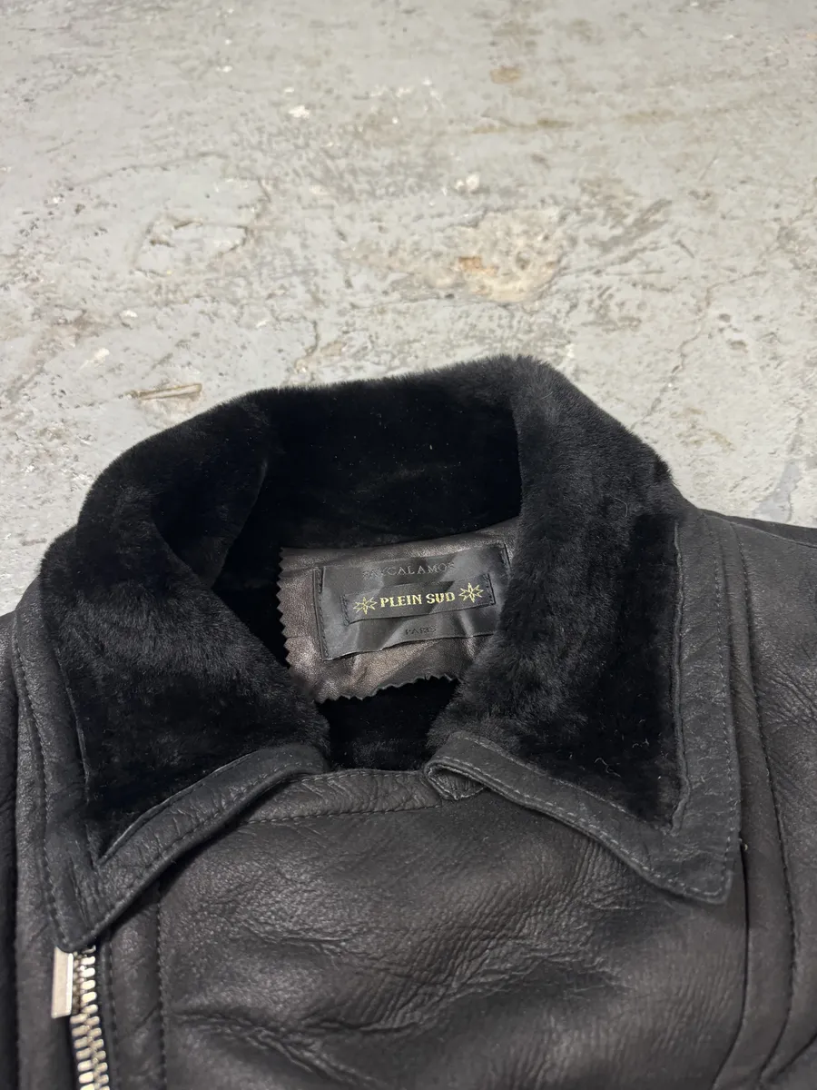2000s Plein Sud Faycal Amor Black Shearling Leather Asymmetrical Jacket - Image 5