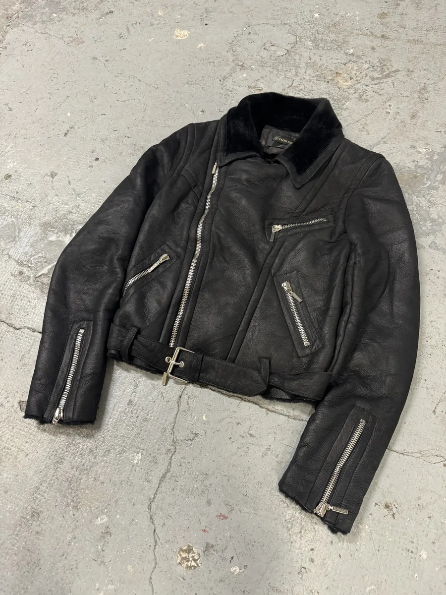 2000s Plein Sud Faycal Amor Black Shearling Leather Asymmetrical Jacket - Image 7