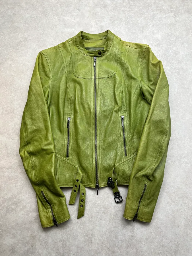 2000s Plein Sud Green Lamb Leather Moto Jacket - Image 4