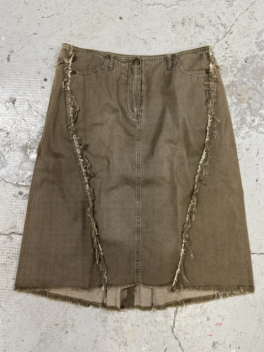 2000s Plein Sud Khaki Distressed Denim Skirt
