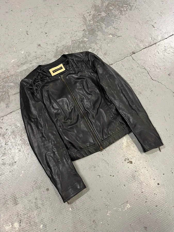 2000s Plein Sud Lace Up Biker Black Leather Jacket - Image 5
