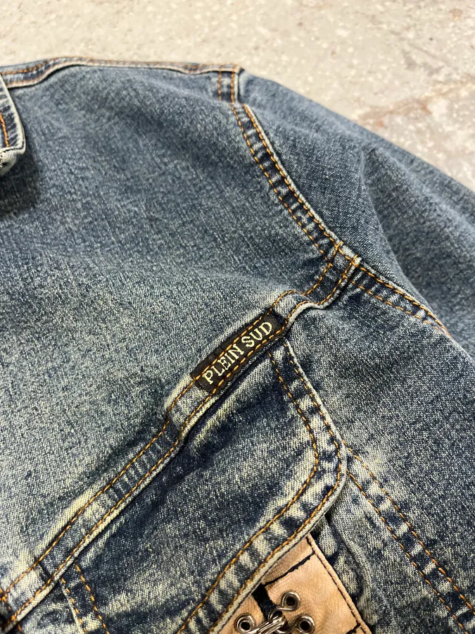 2000s Plein Sud Metal Laced Raw Denim Jacket - Image 8
