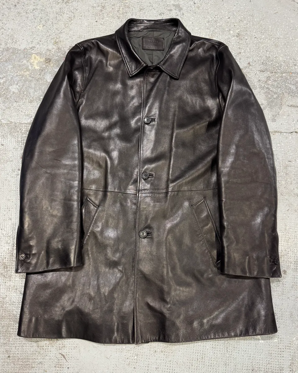 2000s Prada Adonis Hasselt Deep Brown Classy Long Leather Jacket