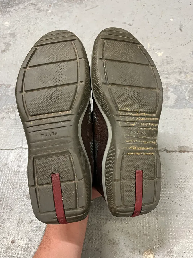 2000s Prada America’s Cups Brown Leather Hybrid Mid Sneakers - Image 6
