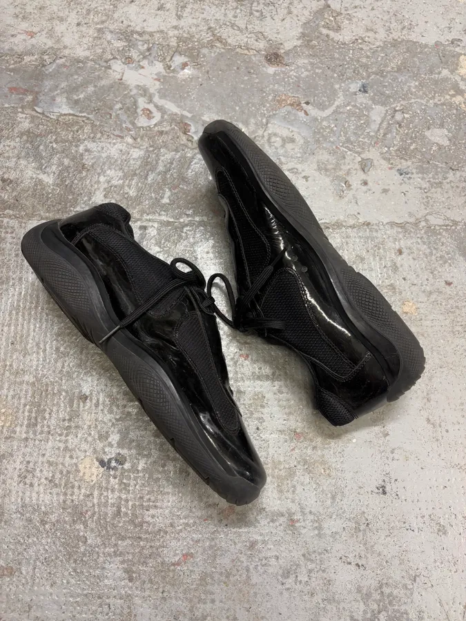 2000s Prada America’s Cup Black Satin Leather Shoes - Image 6