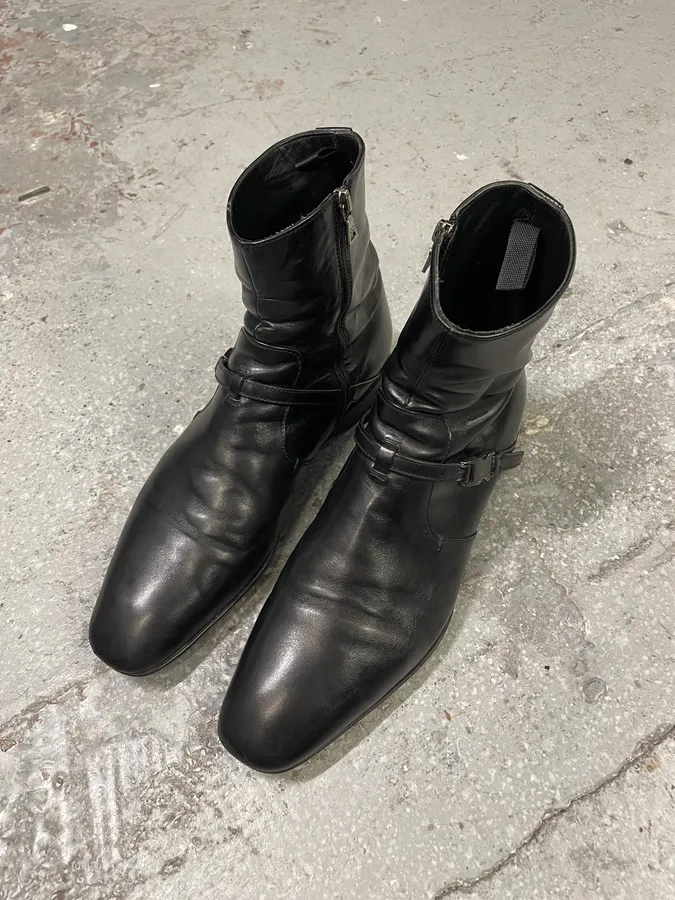 2000s Prada Ankle Black Strap Leather Boots - Image 3