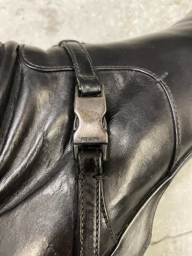 2000s Prada Ankle Black Strap Leather Boots - Image 7