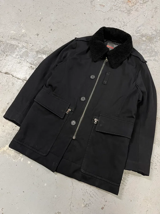 2000s Prada Aviator Black Shearling Long Jacket - Image 4