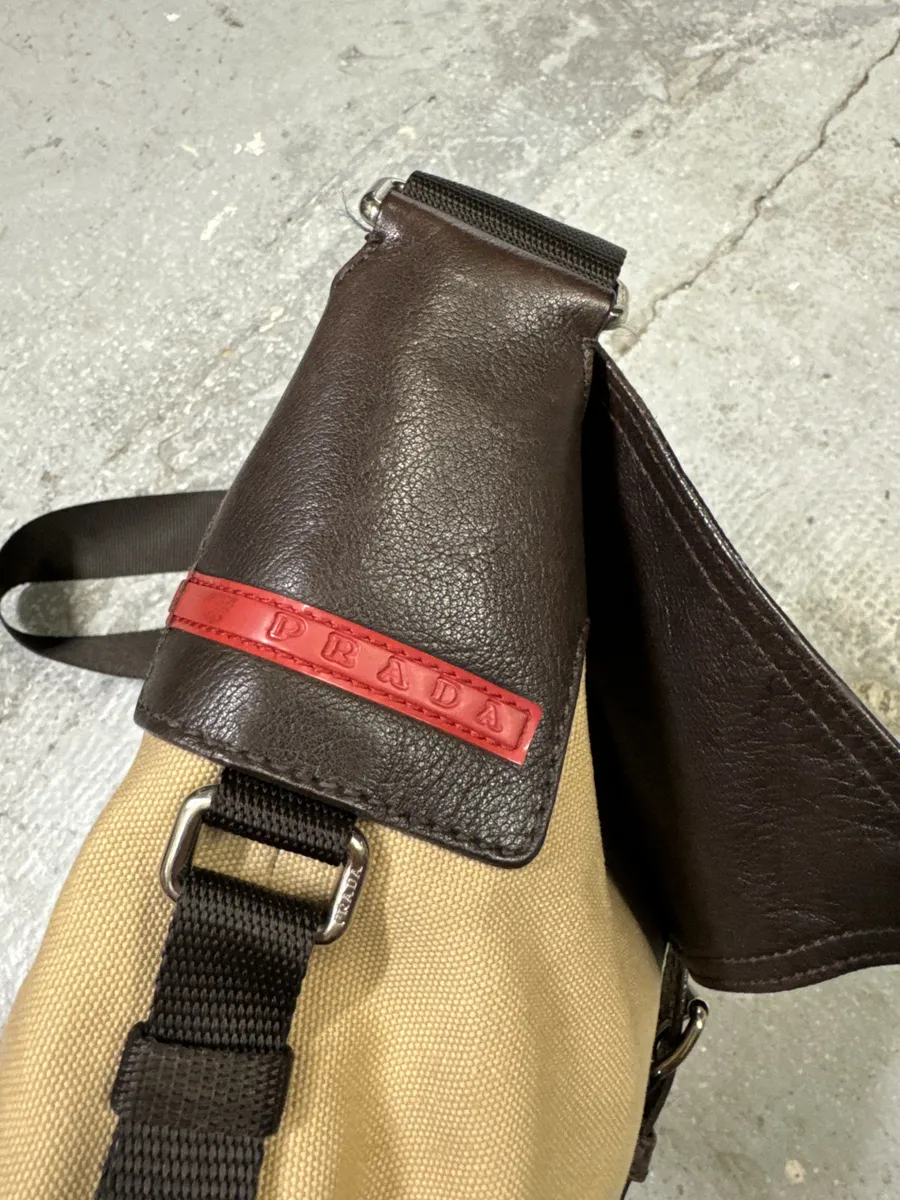 2000s Prada Beige & Brown Leather Linea Rossa Shoulder Bag - Image 7