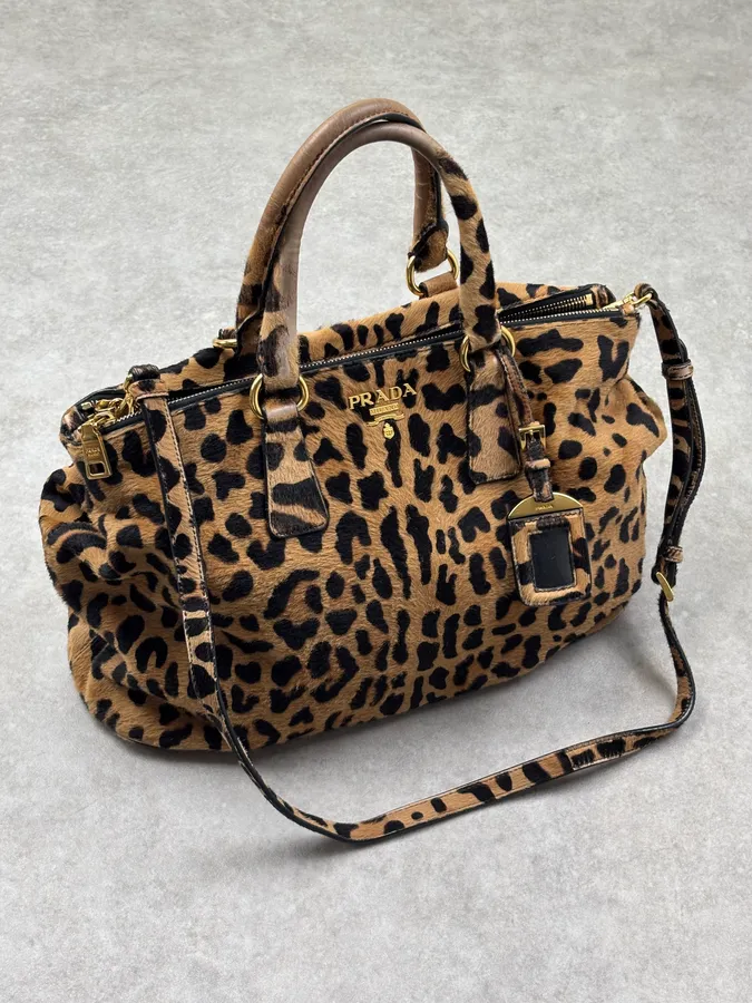 2000s Prada Beige Calf Hair Leopard Print Handle Bag