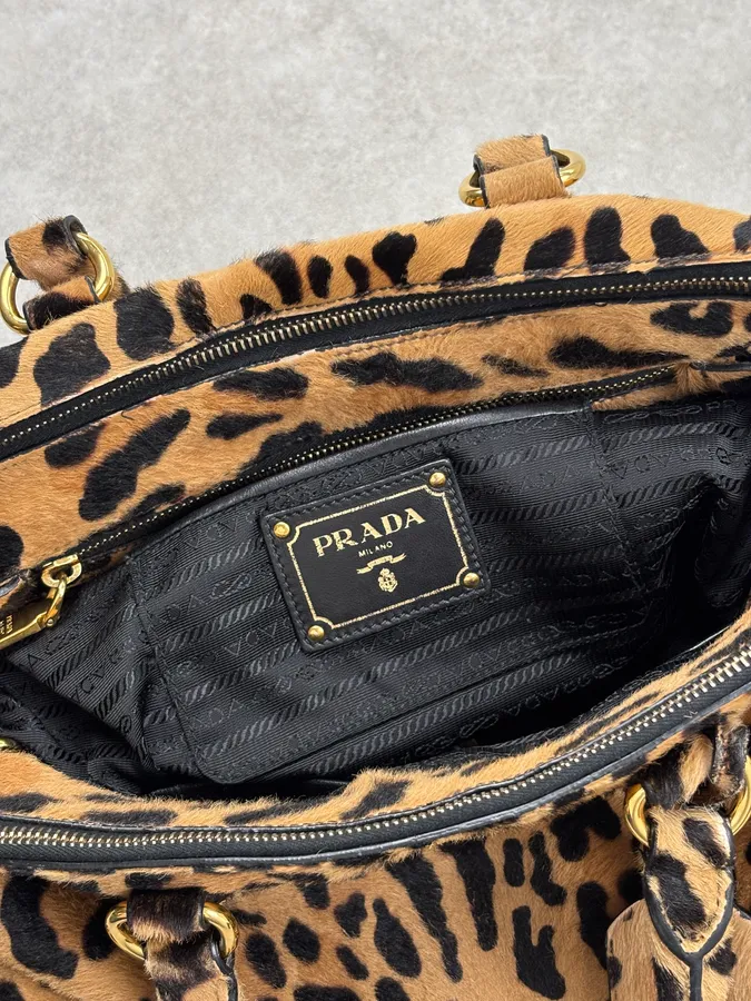 2000s Prada Beige Calf Hair Leopard Print Handle Bag - Image 19