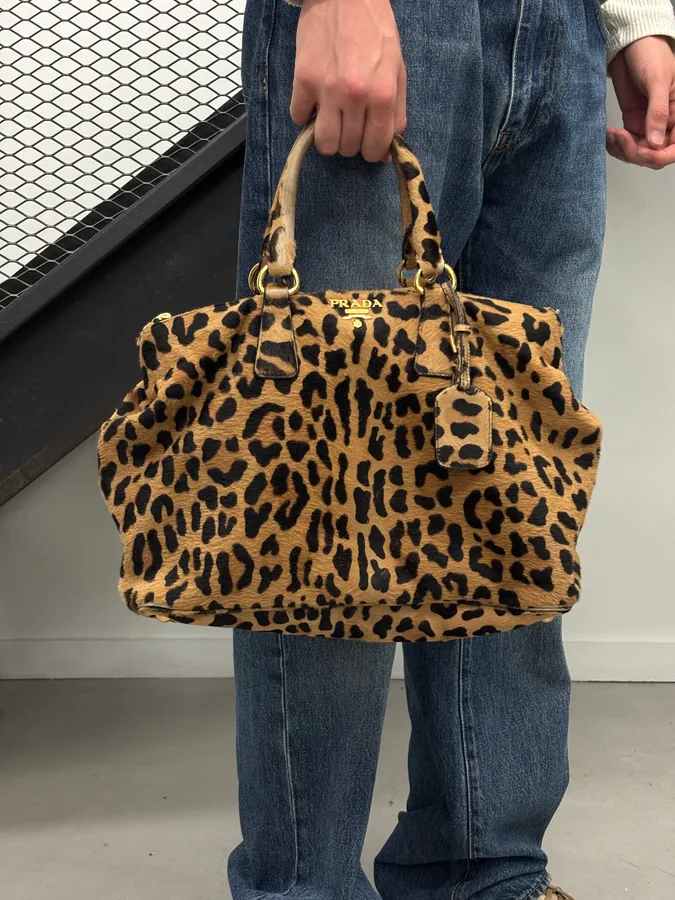 2000s Prada Beige Calf Hair Leopard Print Handle Bag - Image 2