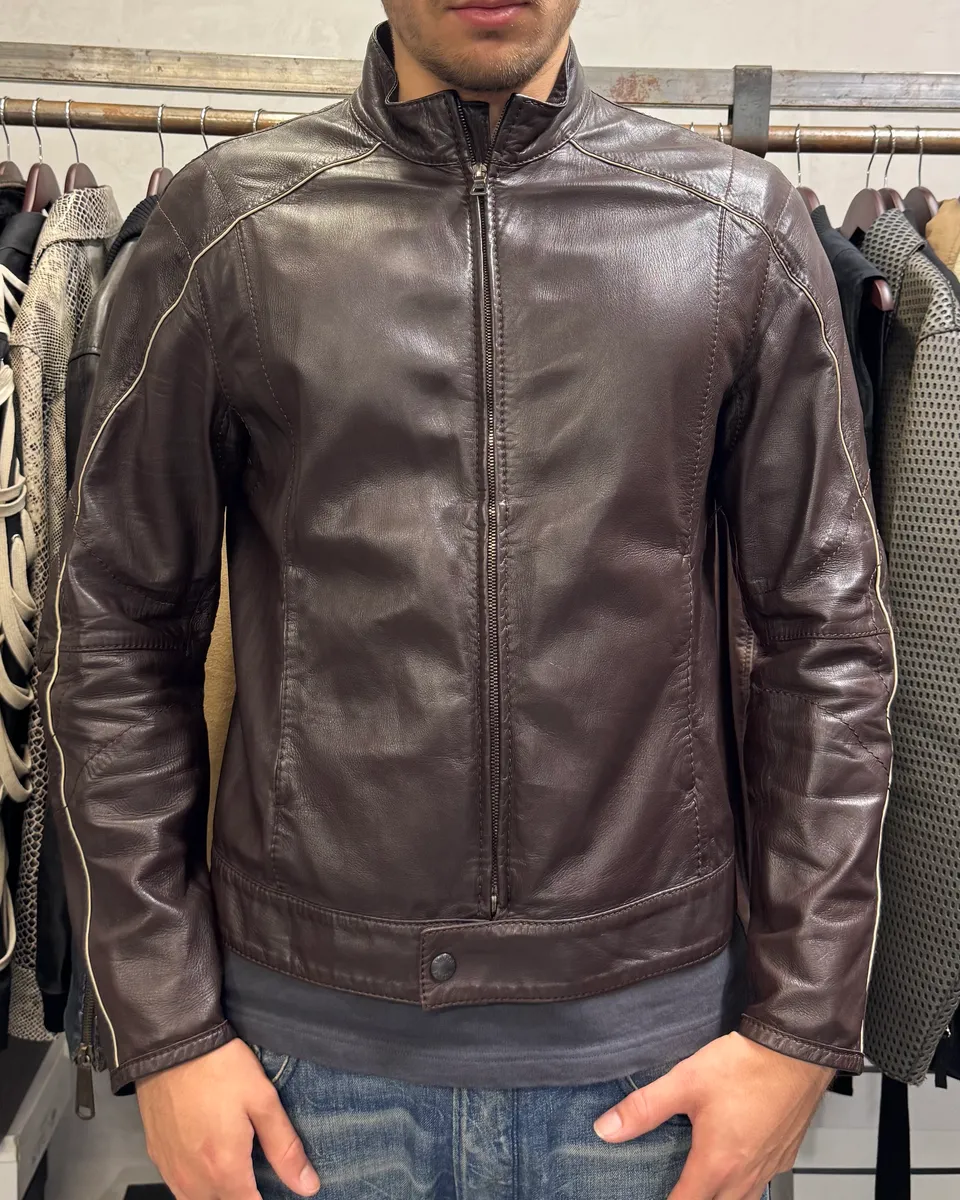2000s Prada Biker Brown Leather Jacket - Image 2