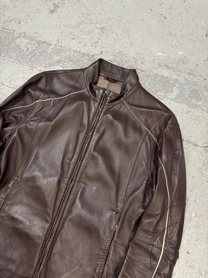 2000s Prada Biker Brown Leather Jacket - Image 3